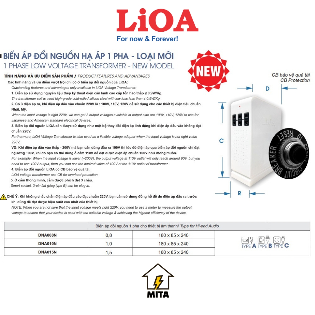 Biến Áp Đổi Nguồn DÂY ĐỒNG LiOA NEW - Điện vào 220V Điện ra 3 đường 100V/110V/120V Công suất 800VA/1000VA/1500VA DÂY ĐỒNG 100% FOR AUDIO