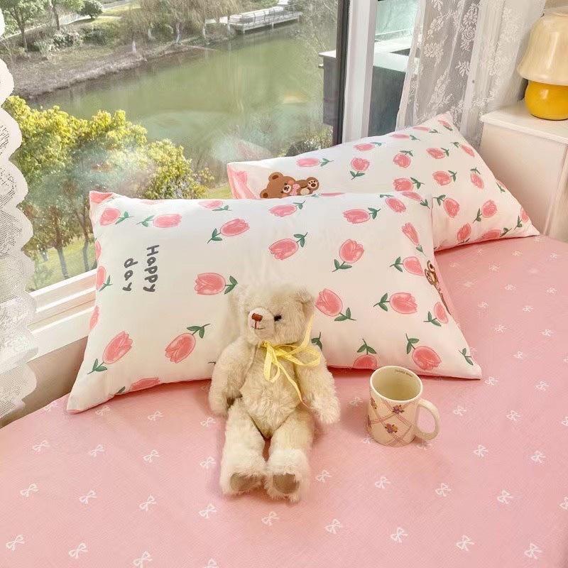 Bô Chăn Ga Gối Cotton Living 100%cotton Hàng Nhập Khẩu Cao Cấp 4 Món Hoa Nhí Hồng