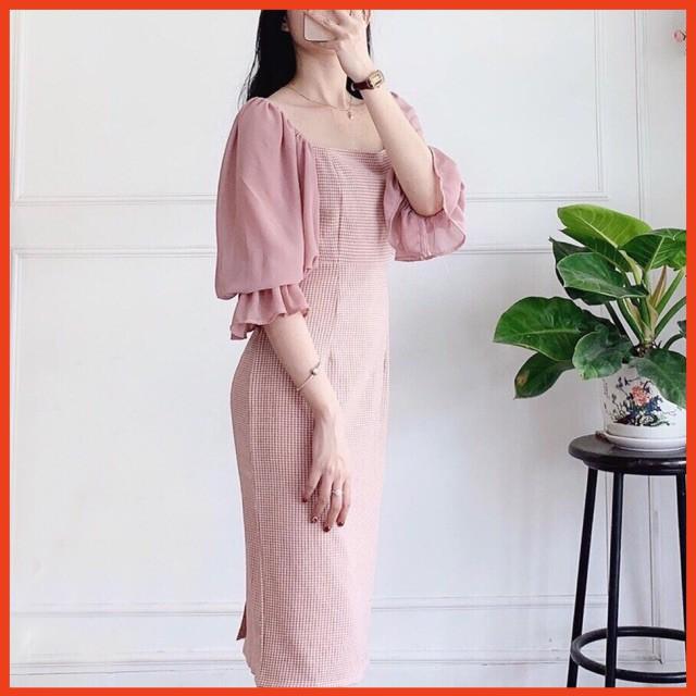 Đầm Suông Dài Hồng Caro Phối