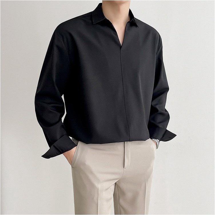 Áo sơ mi tay dài nam nữ cổ V form rộng Unisex Hàn Quốc chất vải Lụa rất đẹp mịn mát co giãn nhẹ - SKM001