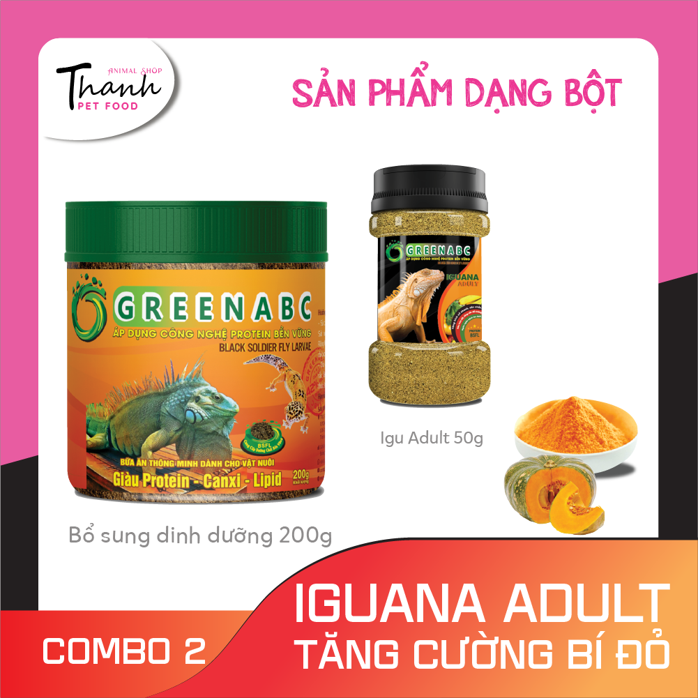 Thức ăn bò sát Iguana Trưởng Thành nhãn GREENABC vị bí đỏ dùng cho Iguana từ 1m trở lên – Gai bung, gù cao, dáng đẹp, lên màu tươi - Hộp 230g