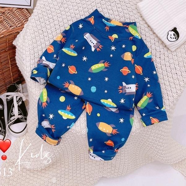 Bộ cotton cổ cao 3p quần áo bé trai hoạ tiết khủng long ô tô
