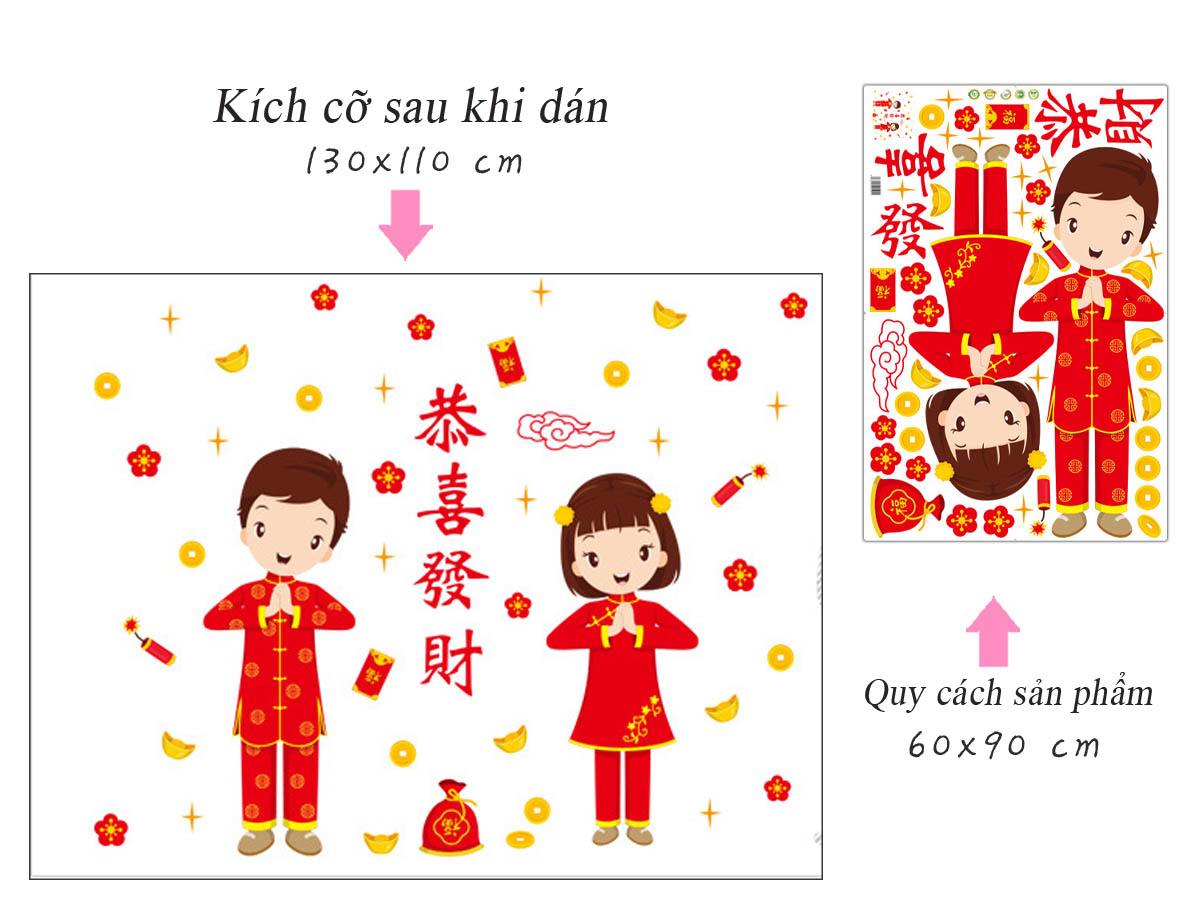 Decal trang trí tết-hai bé chúc tết