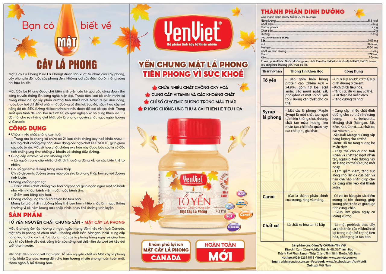 Yến Việt - Hộp quà tặng 5 lọ x 70ml 18% Yến nguyên chất chưng sẵn, mật cây lá phong, không sử dụng đường mía