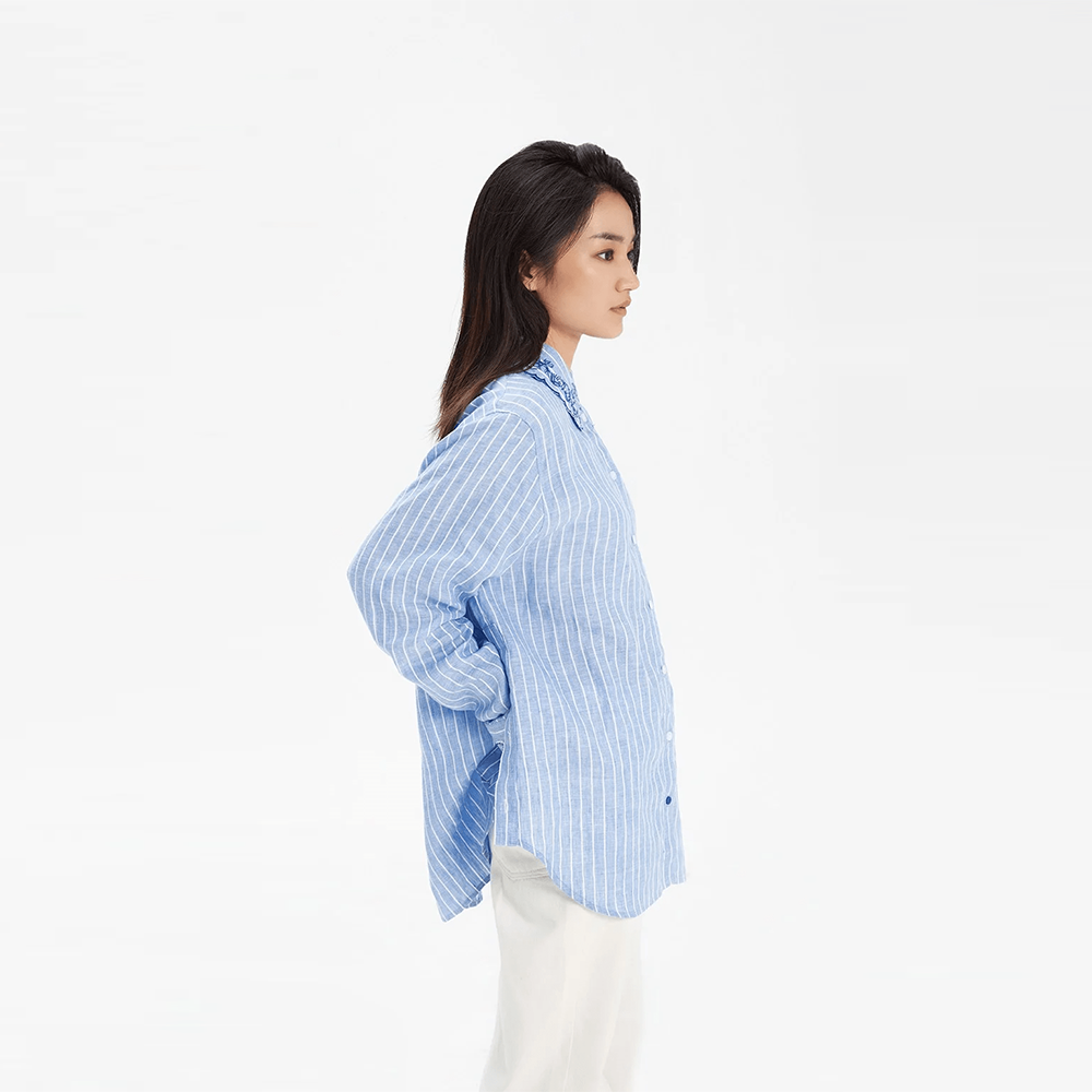 TheBlueTshirt - Áo Sơ Mi Phom Rộng Nữ Vải Lanh Cổ Áo Thêu Hoạ Tiết - Oversized Embroidered Linen Shirt - Floral Liana