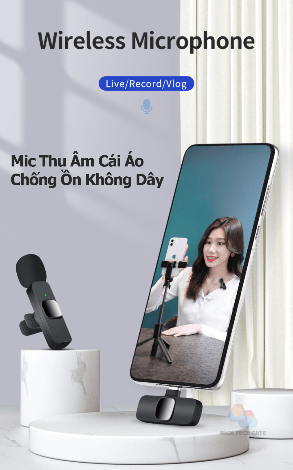 Mic thu âm chống ồn Lavalier cho điện thoại cài áo không dây, microphone livestream, khử tiếng ồn lọc âm, quay video, phỏng vấn, học tập, hàng chính hãng