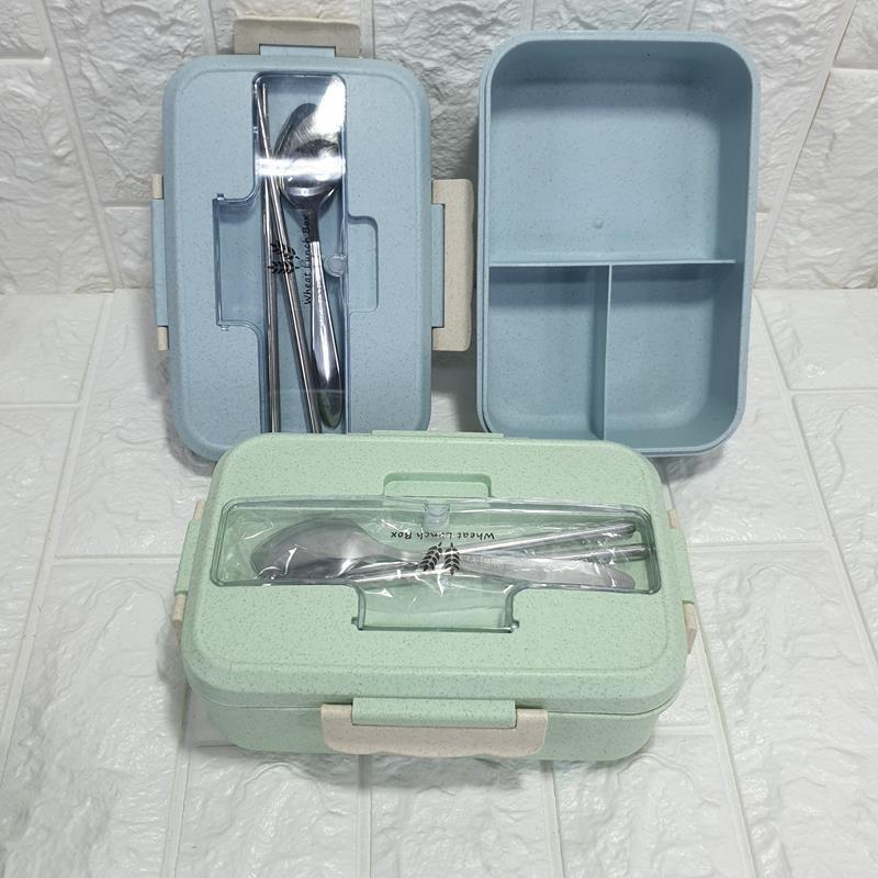 Hộp Đựng Cơm Lúa Mạch 3 Ngăn - TẶNG Kèm Thìa Đũa Inox