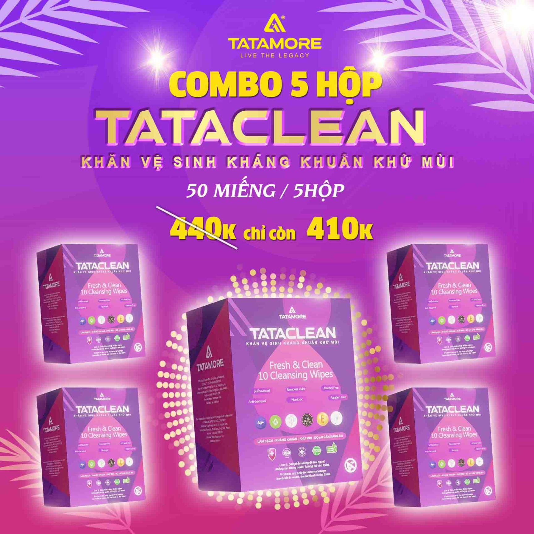 5 Hộp Khăn vệ sinh kháng khuẩn khử mùi Tataclean