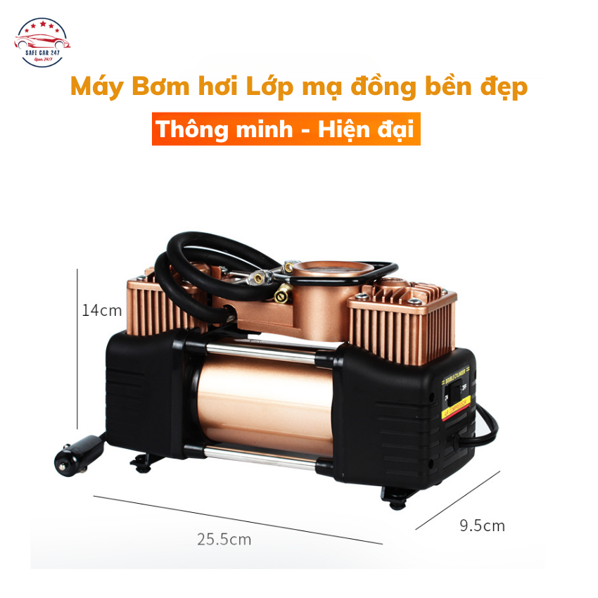 Bộ Bơm Lốp Ô Tô, Xe Hơi 2 Xi Lanh Công suất lớn,thiết kế mạ đồng Siêu Bền.Kèm Hộp và dụng Vá sửa chữa khẩn cấp