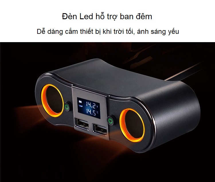 Bộ chia tẩu sạc thông minh trên ô tô đa năng 2 cổng USB -2 cổng cắm tẩu tiện lợi ZNB02 (Tặng 2 nút kẹp giữ dây điện -màu ngẫu nhiên)