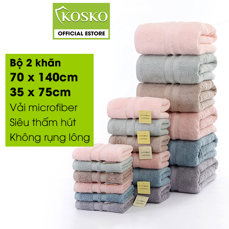 Bộ 2 khăn tắm khổ lớn microfiber KOSKO kích thước 70x140cm và 35x75cm siêu thấm hút không rụng lông