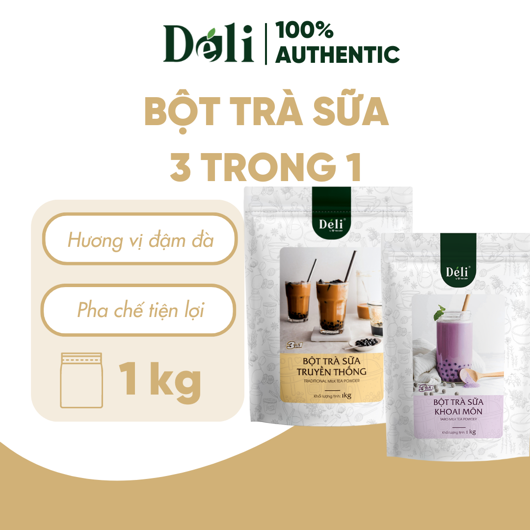 Combo 2 Túi Bột trà sữa vị khoai môn + truyền thống 3in1 Déli - 1kg pha chế trà sữa tiện lợi, nhanh chóng