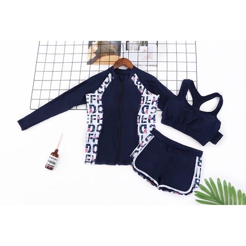 Bộ đồ bơi bikini dài tay nữ 3 mảnh áo khoác chữ hoa quần đùi chống nắng