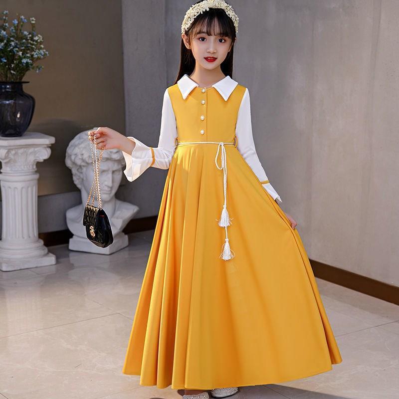 SHUANGYAN Mùa xuân trang phục cô gái váy dài tay áo công chúa váy trung bình lớn trẻ em trang phục tây dài váy lưới cô gái nhỏ