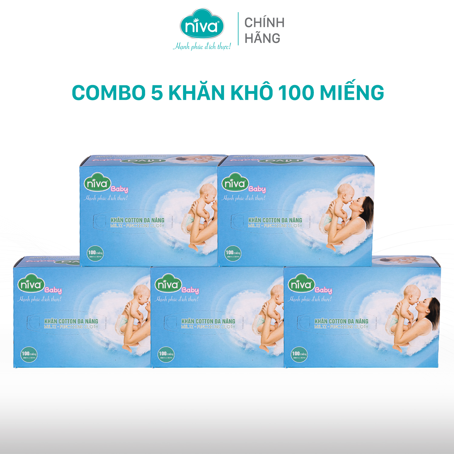 Combo 5 Khăn Vải Khô Đa Năng Niva Hộp 100 Tờ Tiện Dụng, Chất Liệu Cotton Tự Nhiên An Toàn Cho Bé