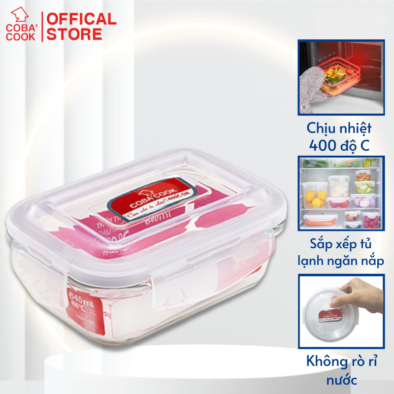 Hộp đựng cơm trữ thức ăn thủy tinh Chịu nhiệt  COBA'COOK hình chữ nhật 640ml- CBHL640