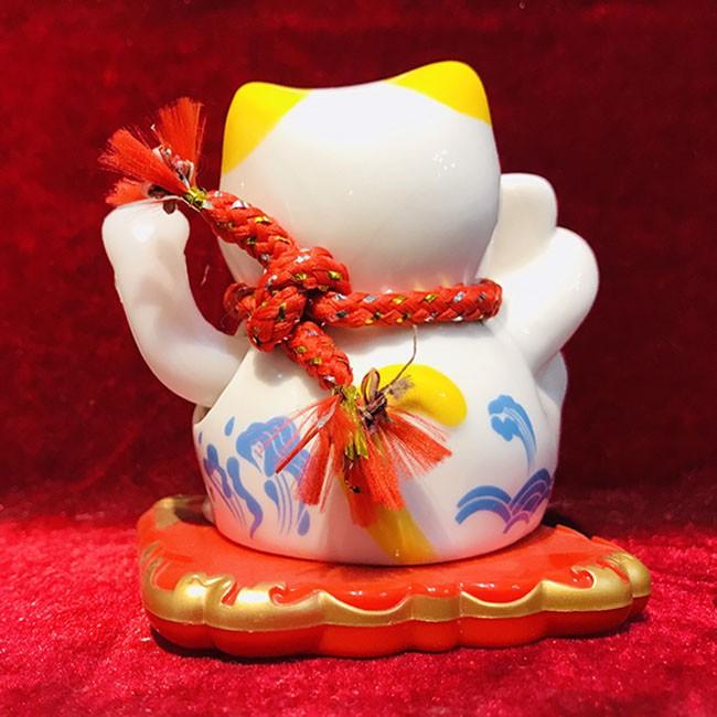 Mèo thần tài vẫy tay năng lượng mặt trời bằng sứ hoa sen – CH372-10cm