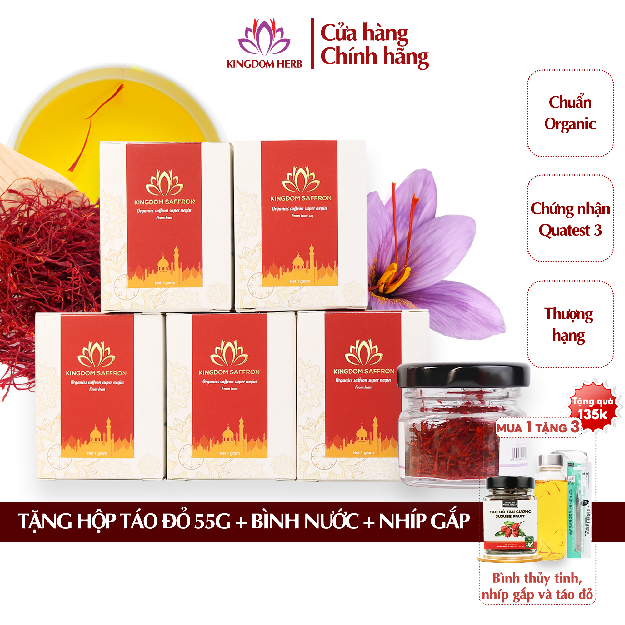 Combo 5 Hộp Hộp1Gr Nhụy Hoa Nghệ Tây Kingdom Herb, Saffron Iran Chính Hãng Super Negin Thượng Hạng Tặng Táo Đỏ Tân Cương 55G, Bình Nước Và Nhíp Gắp