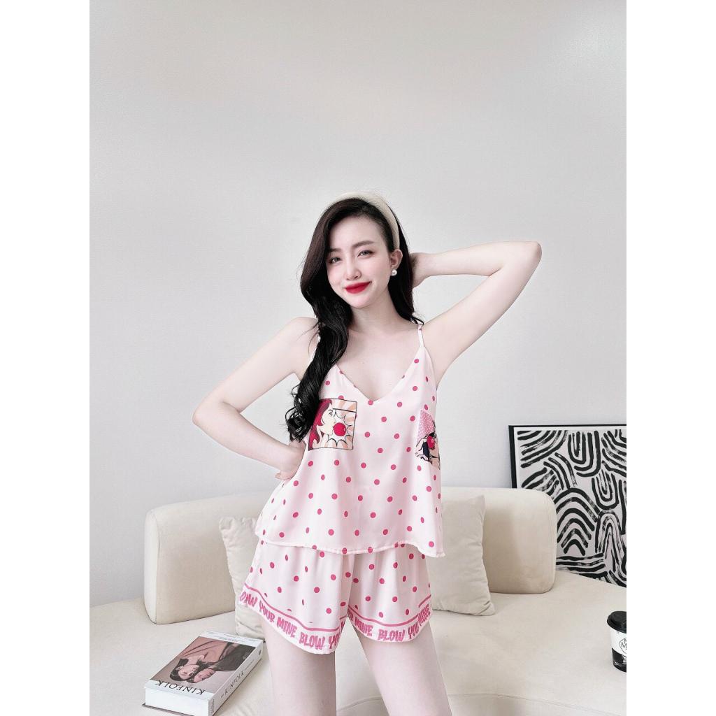 Bộ ngủ quần đùi,áo dây in hình lụa latin,45-58kg
