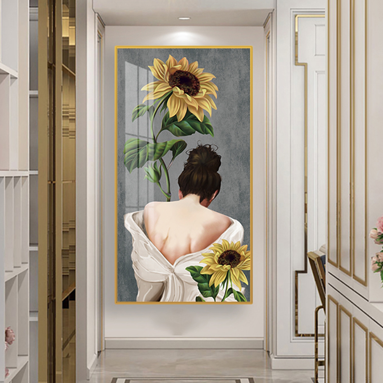 Tranh Vải Trang Trí Phòng Ngủ - Tranh Đơn Cô Gái Bên Hoa Hướng Dương