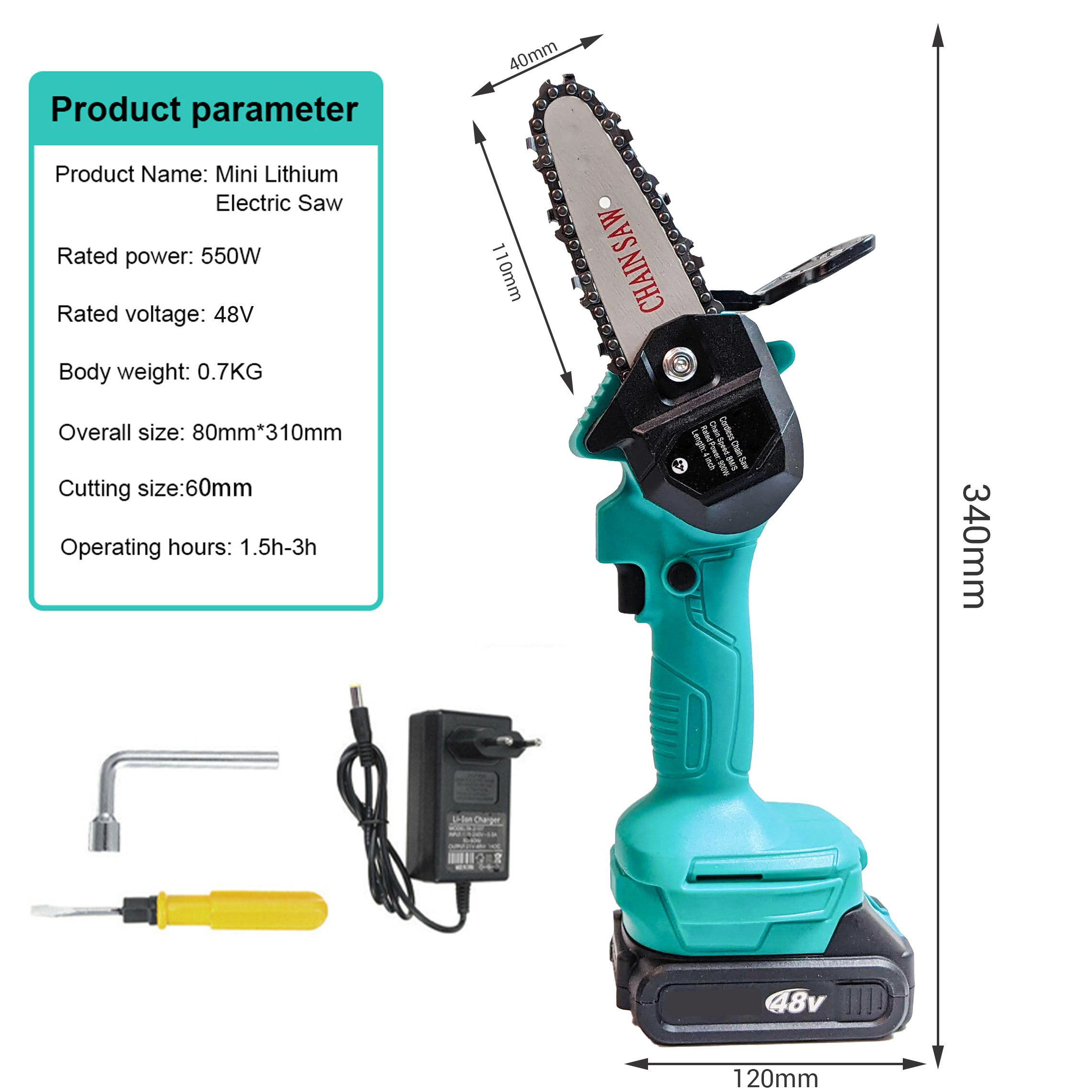 Máy cưa xích cầm tay mini dùng pin Makita 48V - Động cơ chổi than mạnh mẽ, công suất lên đến 900W - Pin li-ion 5 cell có thể sạc lại - Chuyên dụng tỉa cành, cắt gỗ lớn - Nhỏ gọn, tiện lợi, di chuyển dễ dàng - Tặng kèm 2 pin sạc