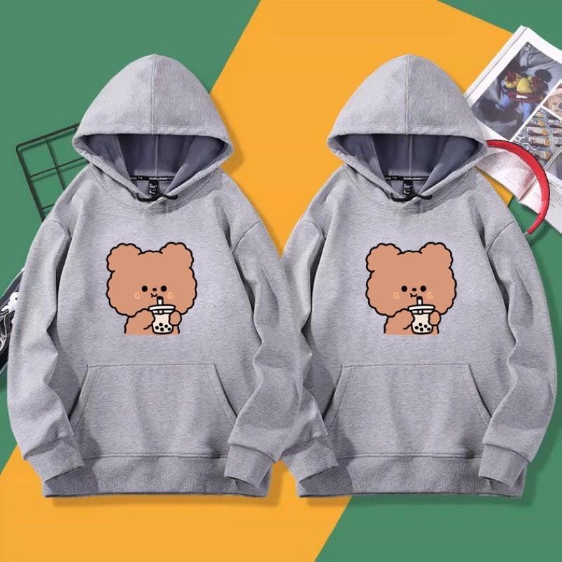 Áo hoodie nam nữ in gấu nâu uống trà sữa