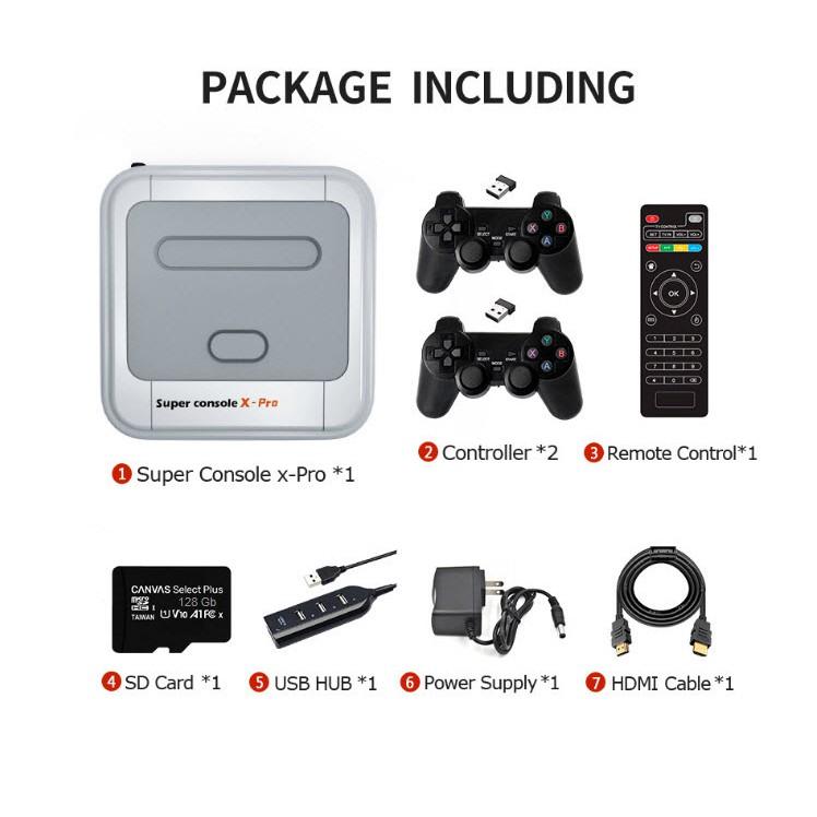 Máy chơi game SUPER CONSOLE X PRO 2021 - Kiêm TV BOX - 128GB - 2 TAY CẦM KHÔNG DÂY - 50 HỆ MÁY - 41.000 GAME