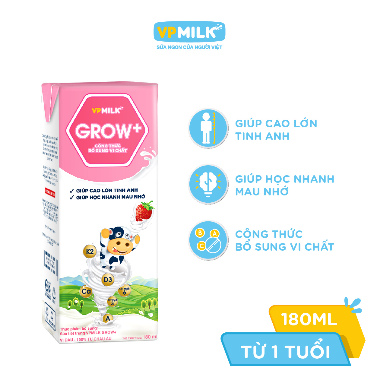 Sữa Tiệt Trùng Có Đường VPMilk Grow+ Vị Dâu Hộp 180ml (Thùng 48 Hộp)