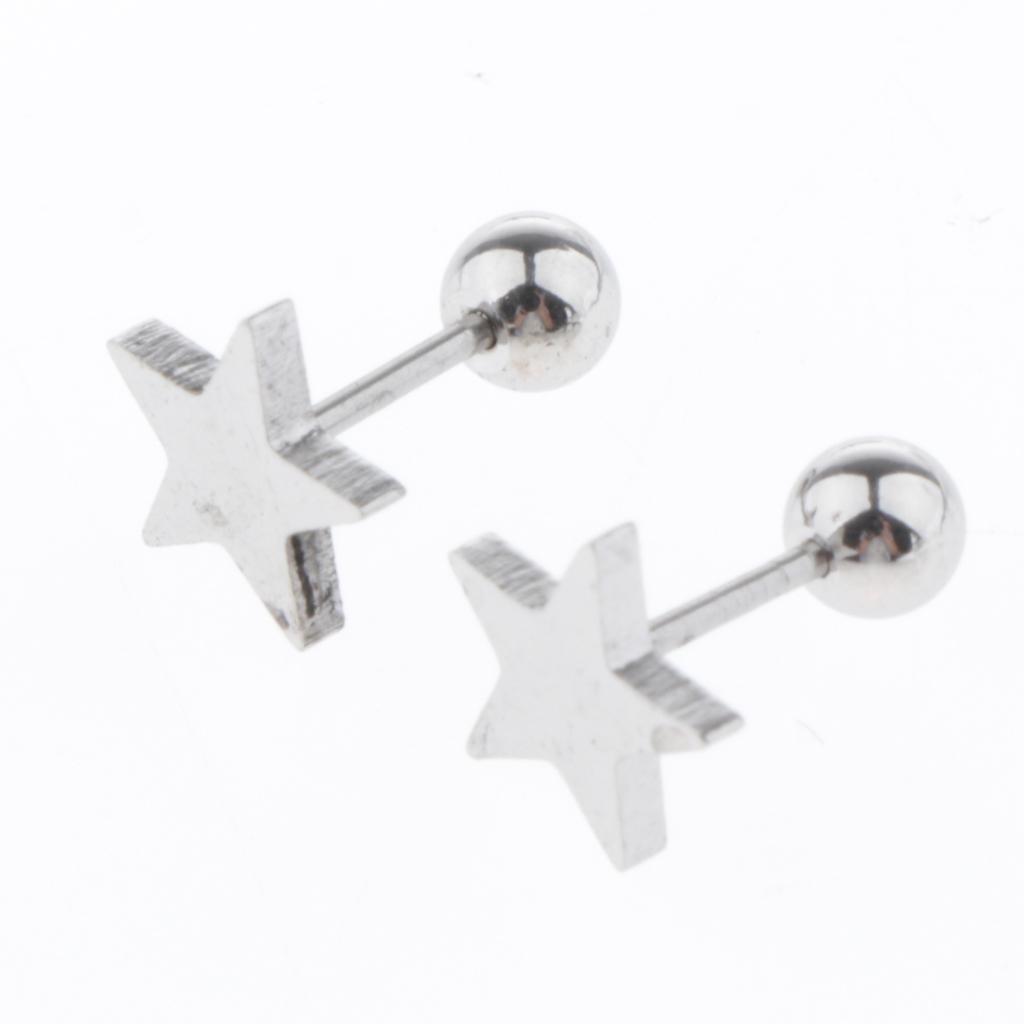 2X 6 Pairs Stainless Steel Ball Screw Back Earrings Star Heart Moon Stud Silver