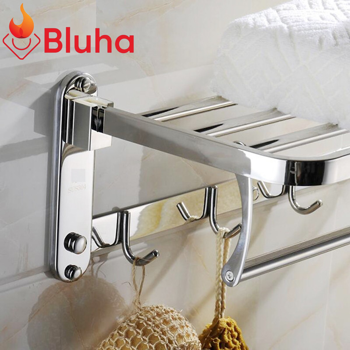 Giá treo khăn - Vắt Khăn tắm, Giá treo khăn tắm inox 304 BLUHA Đa năng 2 tầng, có móc treo quần áo Cao Cấp