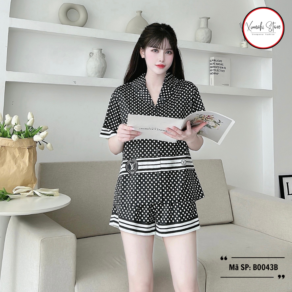 Bộ pijamas nữ áo cộc quần đùi họa tiết chấm bi chất lụa cao cấp Xumaki Store BO043B