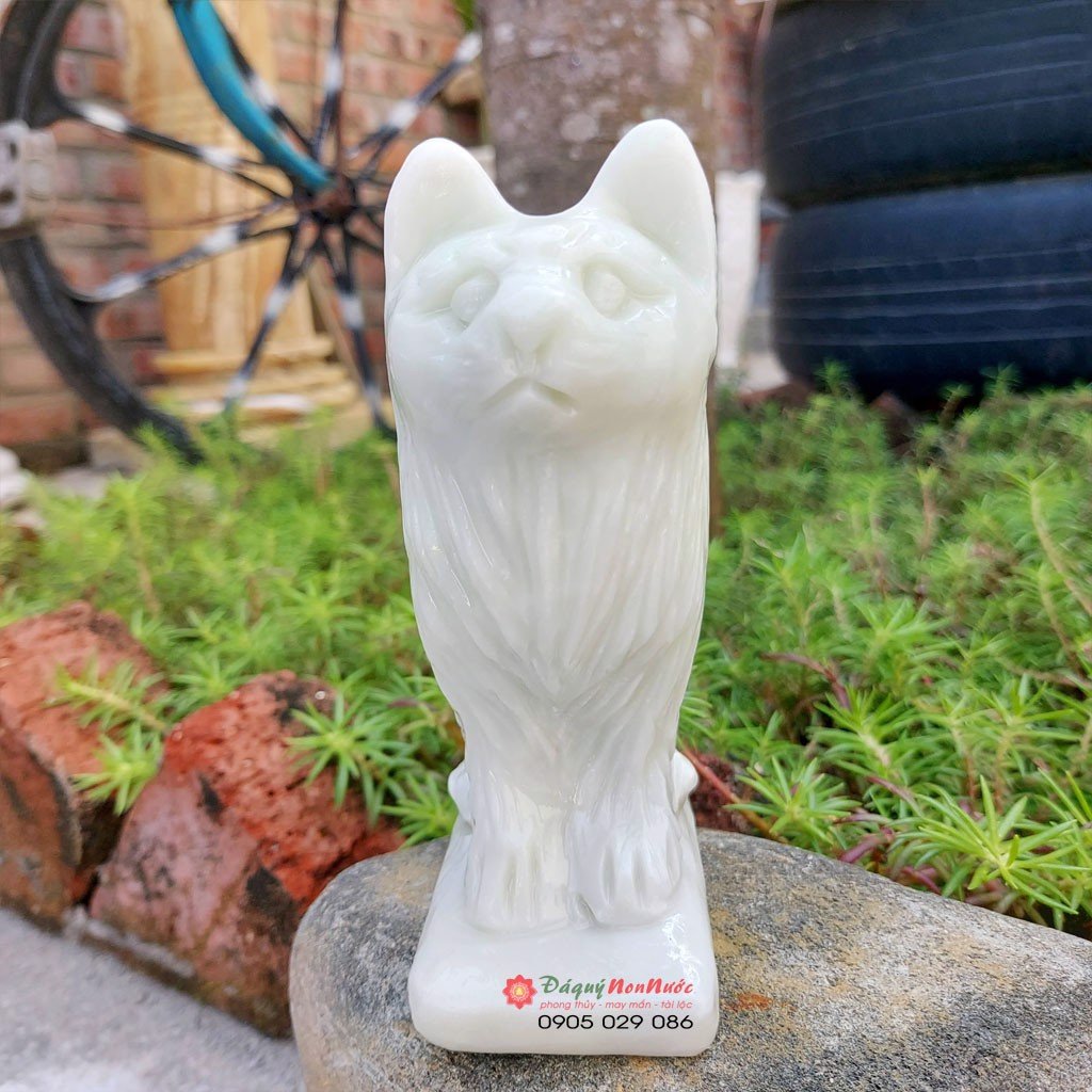 Tượng mèo đá tuổi mão 12 con giáp phong thủy đá trắng xanh 12cm đá Non Nước