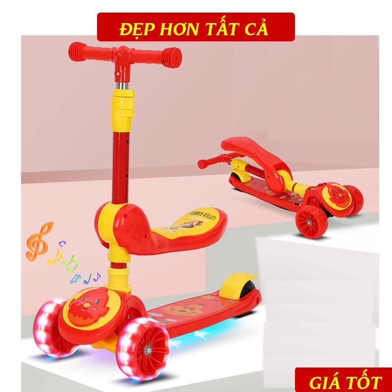 Xe Trượt Scooter Cho Trẻ Từ 3 Tuổi Trở Lên Kiêm Chòi Chân Có Nhạc, Có Đèn Led Phát Sáng, Chịu Lực Tốt, Siêu Đẹp