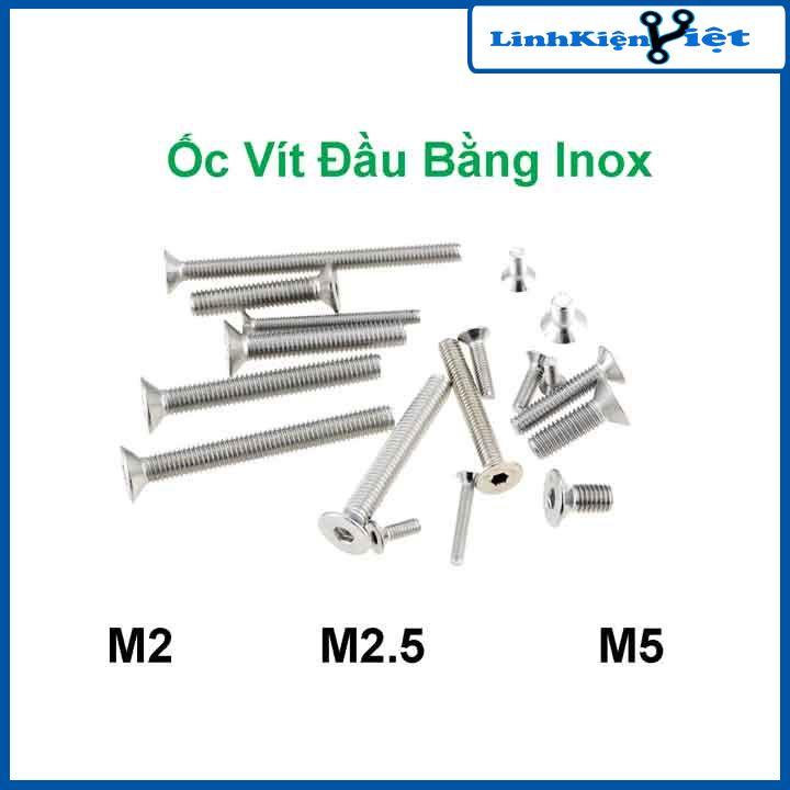 Ốc vít đầu bằng ren M2, M2.5, M5 chiều dài 6mm-8mm-20mm bắt động cơ thân bu lông inox 304