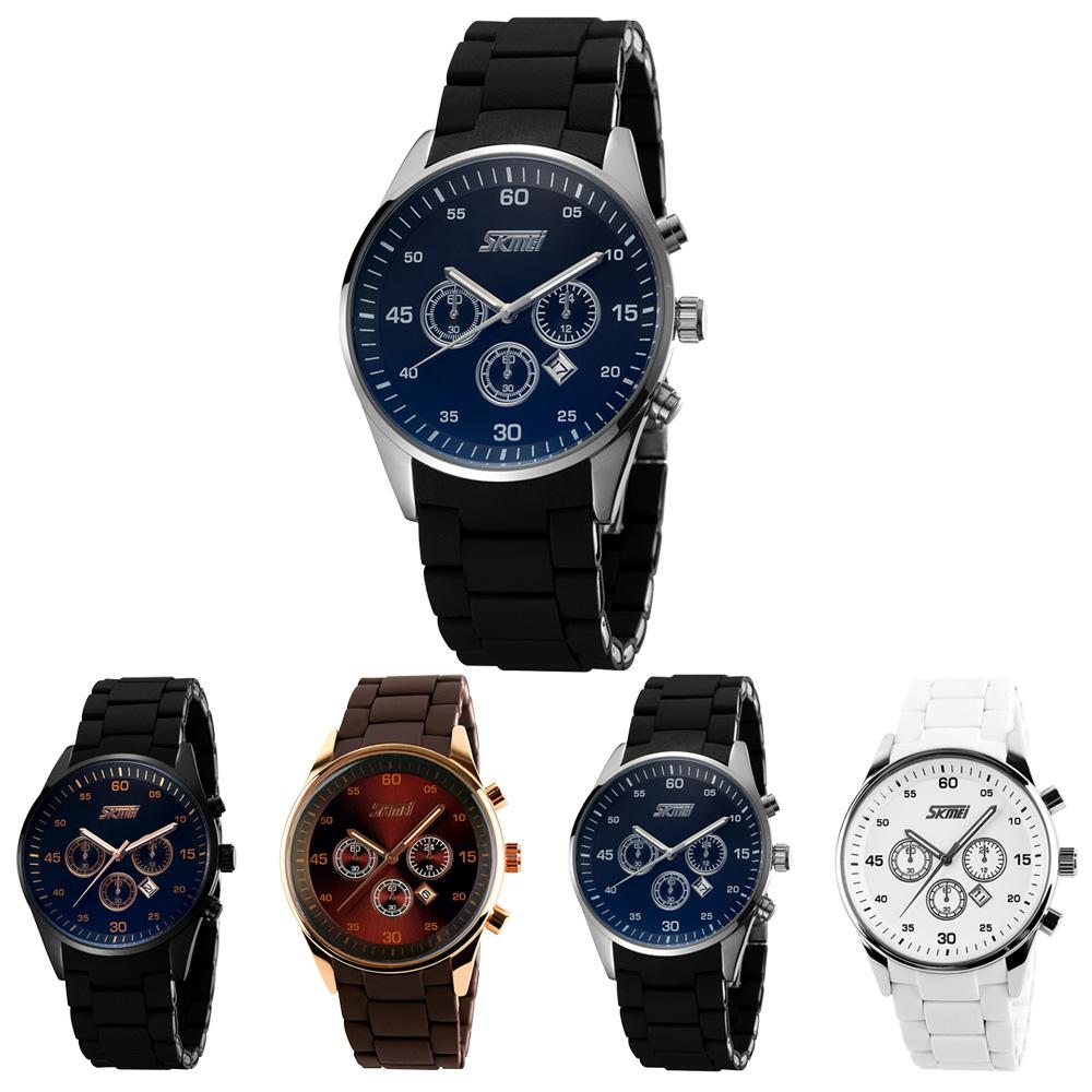 Đồng hồ thời trang nam chống nước SKMEI 3ATM với 3 mặt số phụ với dây đeo bằng hợp kim silicone