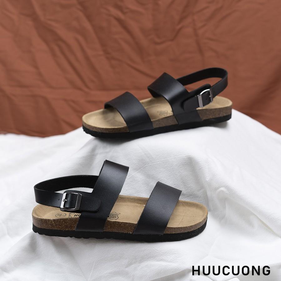 Giày Sandal Unisex HuuCuong 2 quai đen đế trấu