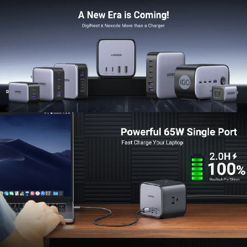 Cục sạc nhanh 65W GaN 3 DigiNest Cube 2xUSB C, 2xUSB A, 3xAC Ugreen 40861 CD268 - thương hiệu đến từ HongKong hàng chính hãng UGREEN có bảo hành !!!