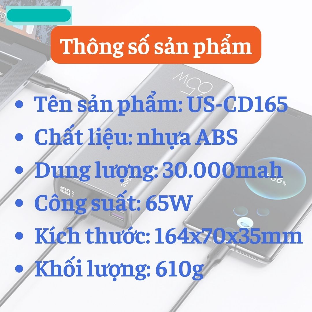 Pin Sạc Dự Phòng 30000mah sạc nhanh 65W PD hỗ trợ sạc cho laptop - sạc dự phòng 20000mah có hiển thị phần trăm pin