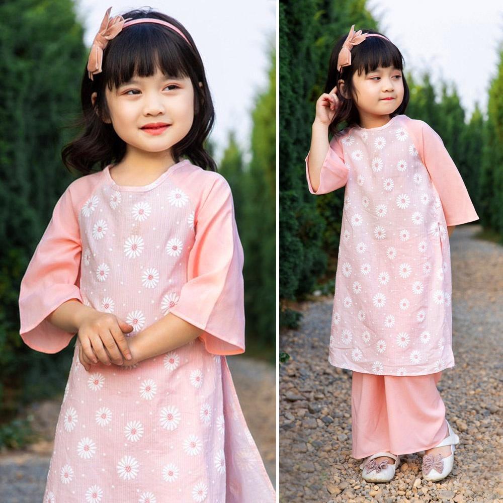 Set áo dài bé gái in hình cúc họa mi xinh xắn áo kèm quần lụa xinh xắn MamLa