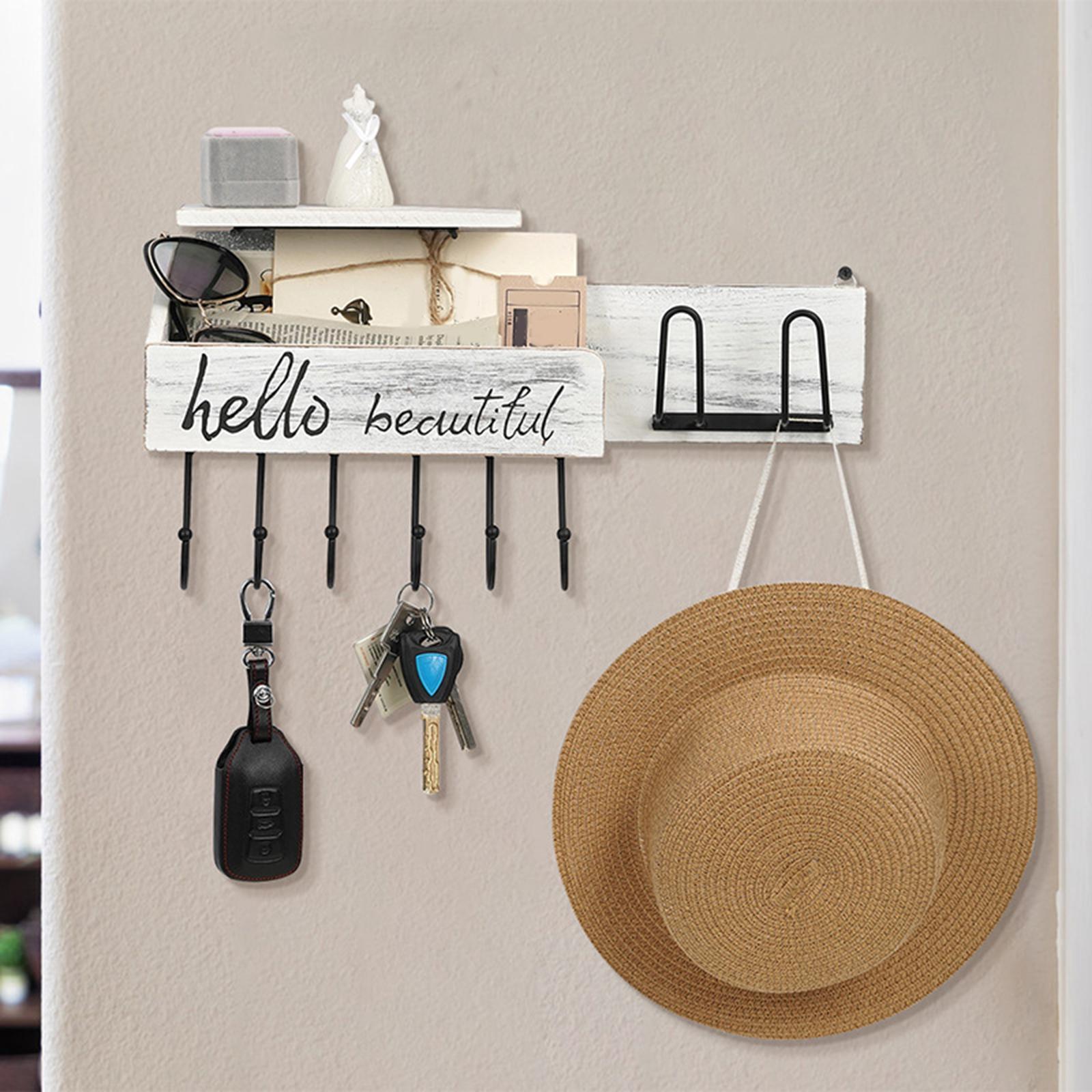 Wall Mounted Key Holder Hooks Rack Letters Living Room Wooden Mail Organizer