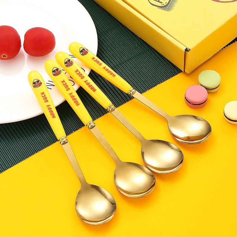 SET 6 MUỖNG THÌA INOX VỊT VÀNG DUCK CÁN DÀI DỄ THƯƠNG KÈM HỘP ĐỰNG XINH XẮN