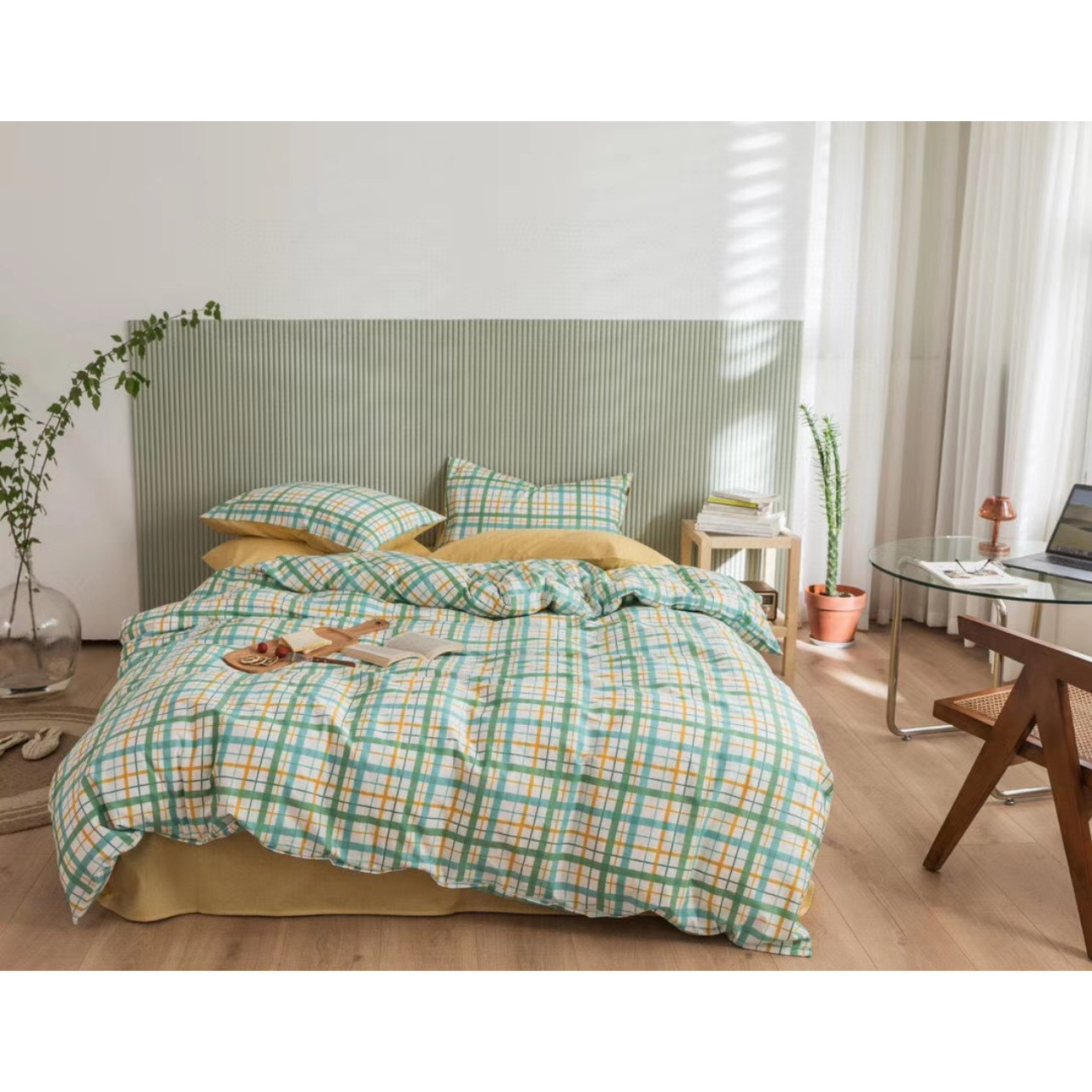 Bộ Chăn Ga Gối 4 Món Cotton Living C-202 Ga Vàng Mền Caro Xanh