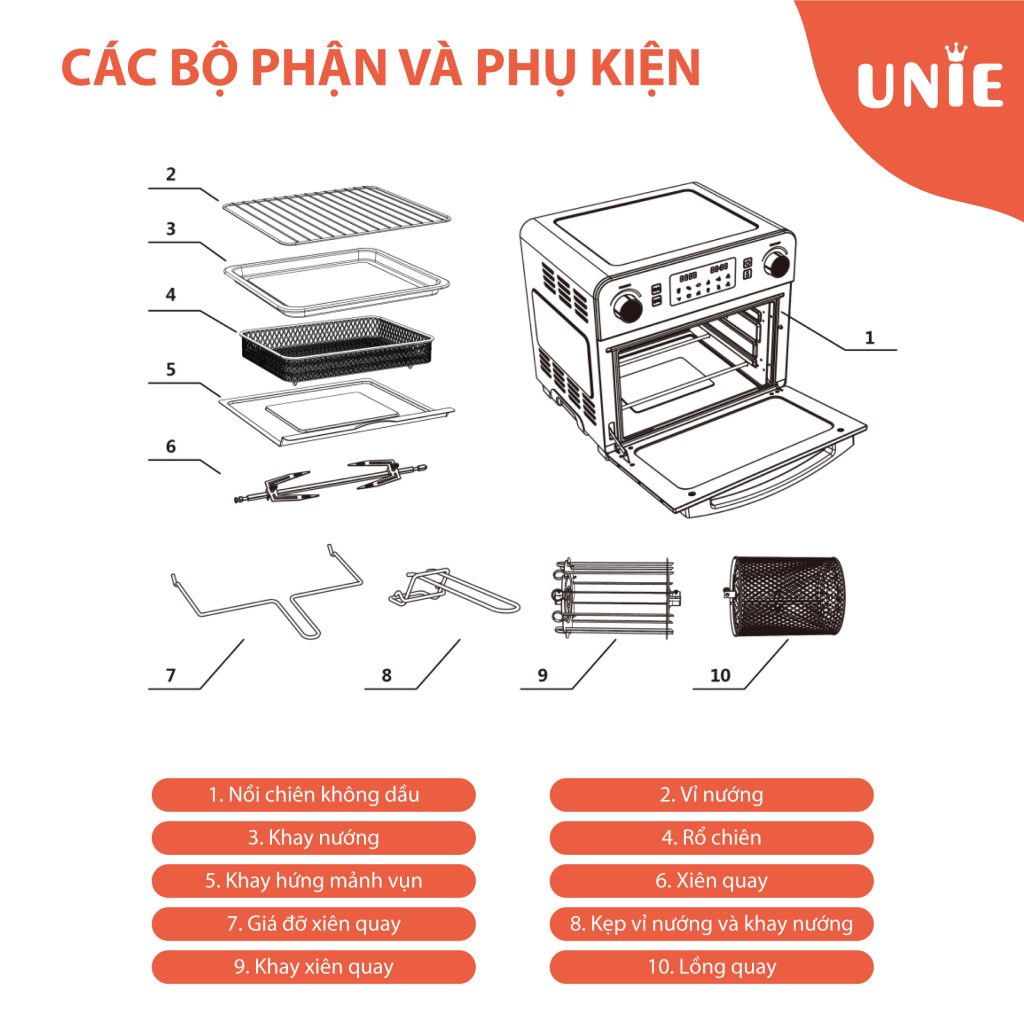 Lò Nướng Điện Kiêm Nồi Chiên Không Dầu UNIE Q36 Tiêu Chuẩn Đức,10 Chương Trình Cài Sẵn, Dung Tích Lớn 25 Lít Công Suất 1700 W - Hàng Chính Hãng