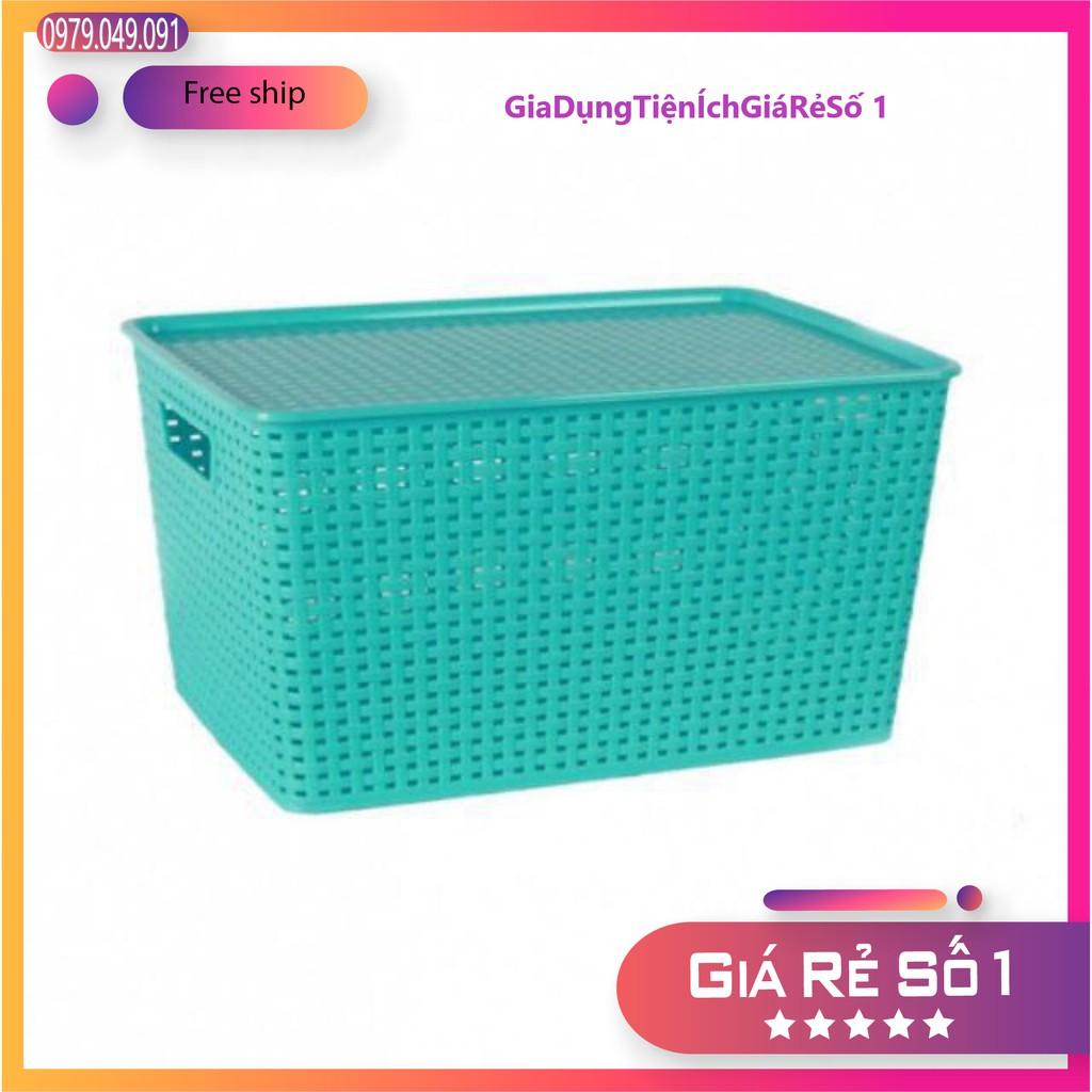 Combo 2 giỏ nhựa đan giả mây đựng đồ kiểu Hàn Quốc có nắp size đại
