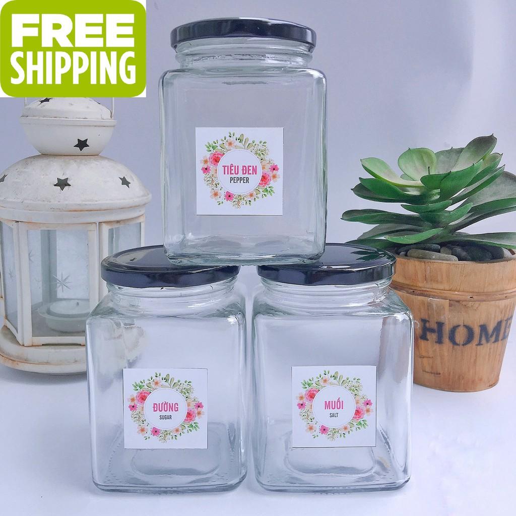 Bộ hũ đựng gia vị thủy tinh 05 hũ mỗi hũ 500ml Tặng bộ nhãn dán gia vị The Kaffeine