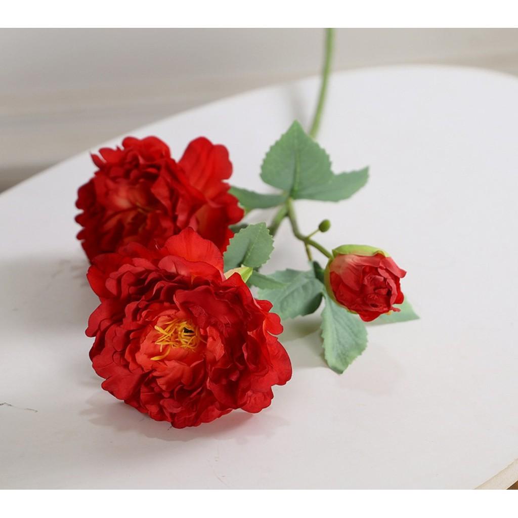 Hoa lụa cao cấp, hoa mẫu đơn giả 2 bông 1 nụ cỡ lớn cao 70cm trang trí nhà cửa sang trọng Flowermini