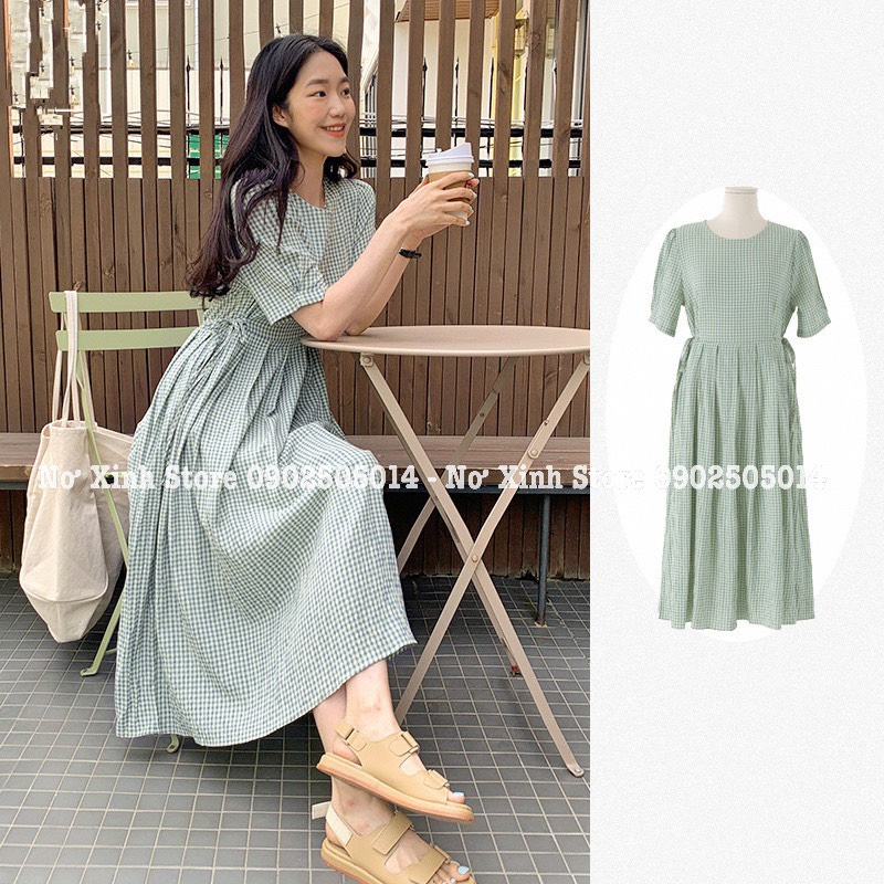 Váy Xoè Dài Kẻ Sọc Caro Eo Rút Dây Hàn Quốc Vintage Size S-M-L-XL-XXL