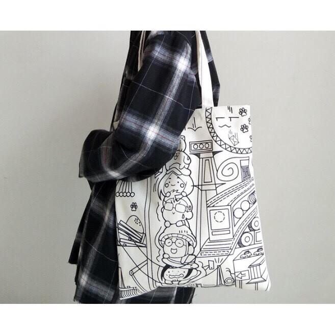 Túi vải canvas in hình vui nhộn - Túi tote phong cách Hàn Quốc