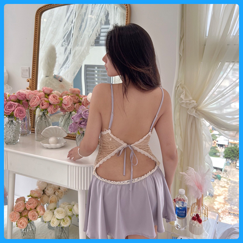 Đầm ngủ hai dây hở lưng ren sexy T3 - Váy ngủ sexy - Đồ ngủ sexy