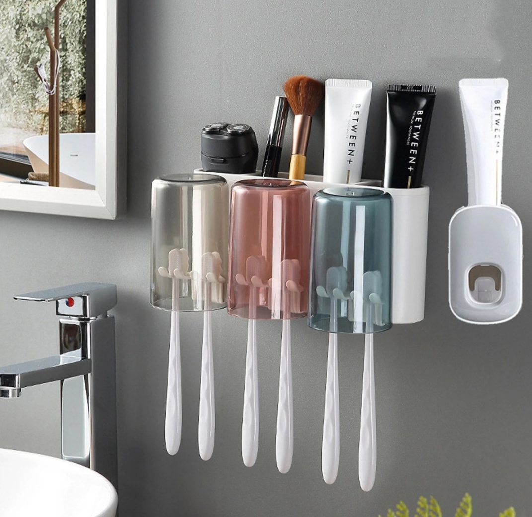 Bộ dụng cụ nhả kem đánh răng tự động 03 cốc và giá treo bàn chải đa năng PHT SUS-ECOCO-E1922-chất liệu ABS cao cấp